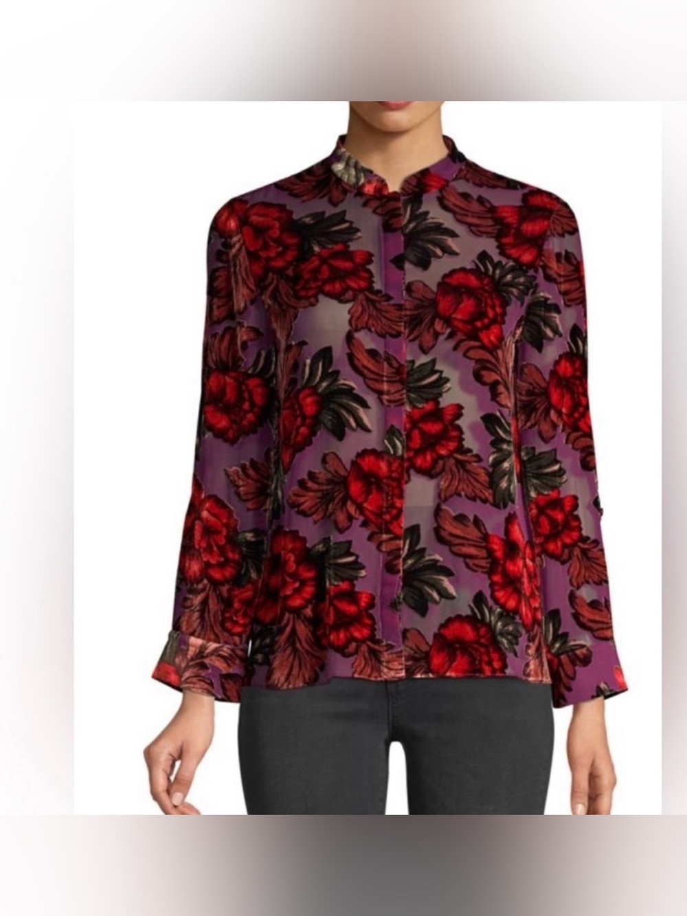 Alice + Olivia Floral Eloise Velvet Burnout Mandarin Collar Blouse